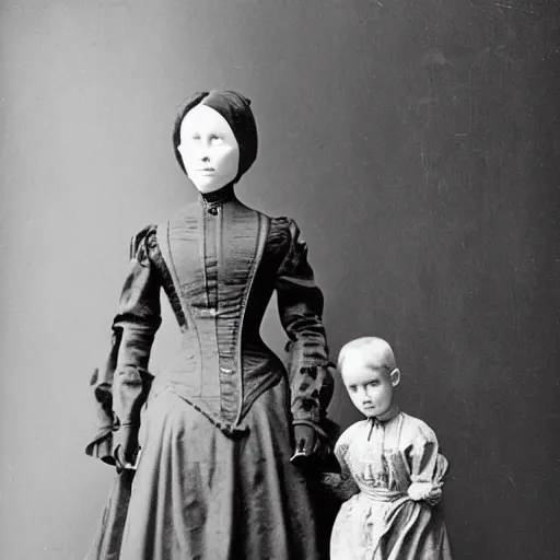 Image similar to portrait of a life size victorian female robot standing in with a human child in her care, 8 k, soft lighting, highly detailed realistic, face in focus 1 8 9 0's photography