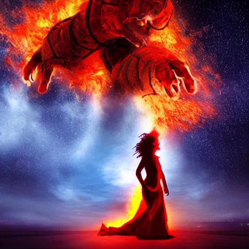 Prompt: a woman on fire, city on fire, giant, photoshop, sci - fi, creative and cool, photo manipulation, in another planet