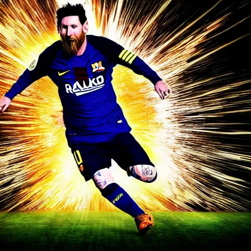 Prompt: lionel messi running extremely fast engulfed in blue lightning vortex, 8 k