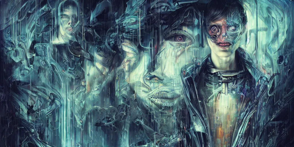 Image similar to portrait of a man in a secret society,8k,by tristan eaton,Stanley Artgermm,Tom Bagshaw,Greg Rutkowski,Carne Griffiths, Ayami Kojima, Beksinski, Giger,trending on DeviantArt,face enhance,hyper detailed,minimalist,cybernetic, android, blade runner,full of colour, super detailed