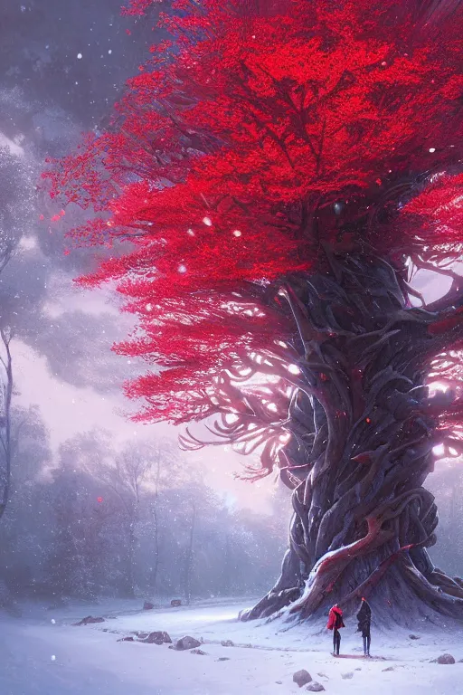 Image similar to giant tree in snow with red flowers, unreal engine, fantasy art by greg rutkowski, loish, rhads, ferdinand knab, makoto shinkai and lois van baarle, ilya kuvshinov, rossdraws, tom bagshaw, global illumination, radiant light, detailed and intricate environment