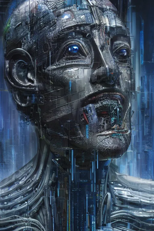 Image similar to an extremely high quality hd, a digital painting of a man's face surrounded by mechanical parts, cyberpunk art by h. r. ( hans ruedi ) giger, featured on cgsociety, afrofuturism, circuitry, tesseract, dystopian art, 8 k, ultra realistic, very realistic