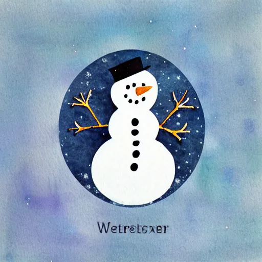 Image similar to mixed media winter snowman icon collage illustration in soft watercolor style, ice blue cold hues