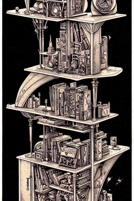 Image similar to a majestic steampunk alchemists bookshelf, two point perspective, furniture, high details, bold line art, by vincent di fate and joe fenton, inking, etching, screen print, masterpiece, trending on artstation, sharp, high contrast, hyper - detailed,, hd, 4 k, 8 k