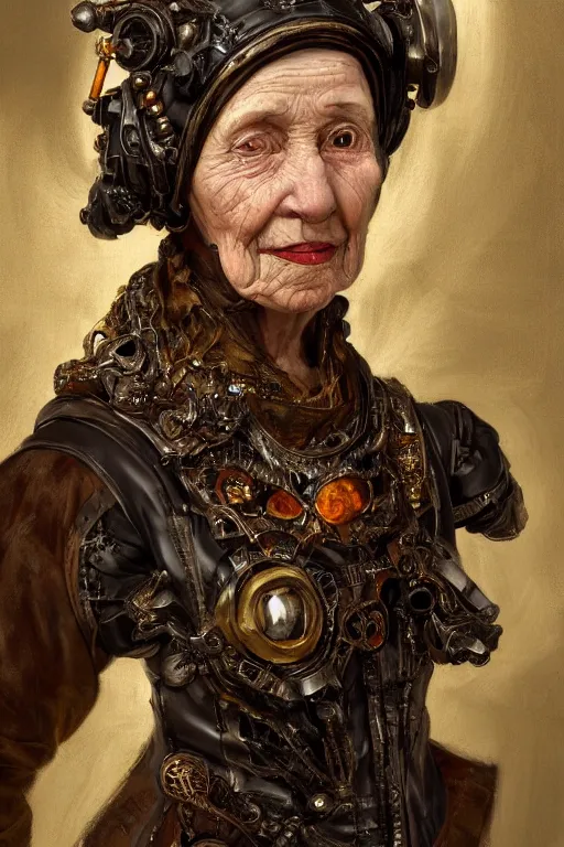 Prompt: portrait, headshot, digital painting, of a old 17th century, old lady cyborg merchant, amber jewels, vr headset, baroque, ornate clothing, scifi, futuristic, realistic, hyperdetailed, chiaroscuro, concept art, art by waterhouse and witkacy