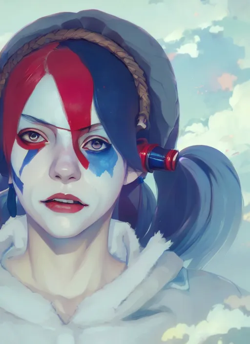 Image similar to portrait of harley quinn, cloudy sky background lush landscape illustration concept art anime key visual trending pixiv fanbox by wlop and greg rutkowski and makoto shinkai and studio ghibli