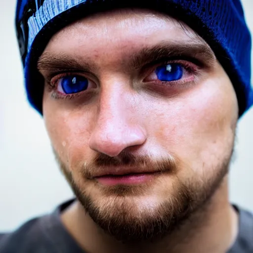 Image similar to close-up a 25 year old man wearing a black winter hat and a orange jail inmate tshirt, inside a underground facility, blue eyes, hideous, side lighting