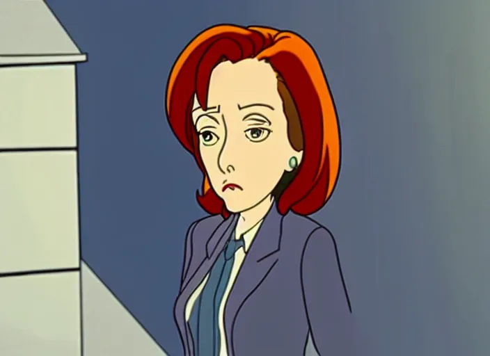 Image similar to an animation still of dana scully, in the style of studio ghibli, netflix animation, toei animation, filmation animation, traditional animation, sharp detail, animation cel