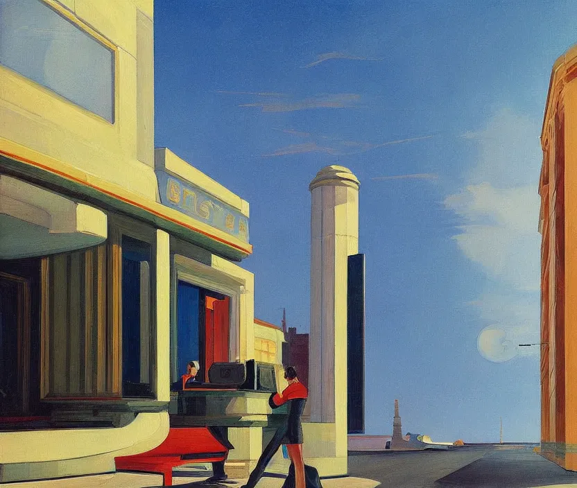 Image similar to a very detailed and aesthetic painting of a spaceship, in the style of edward hopper and hugo pondz,