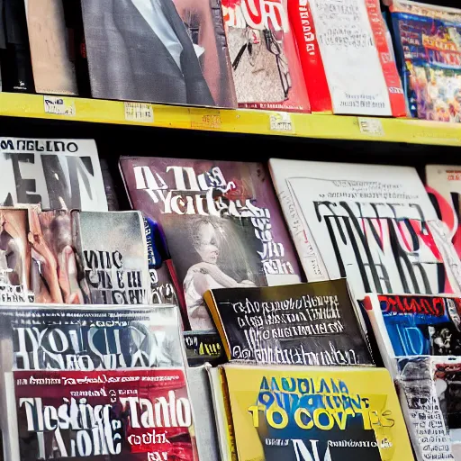 Prompt: a stand with magazines on a crowded street