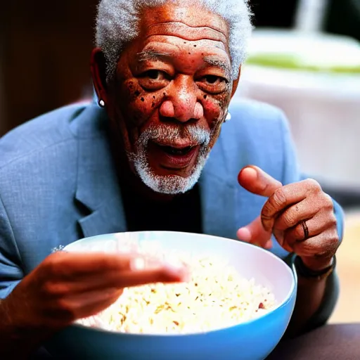 Image similar to Morgan Freeman eating a bowl of rice