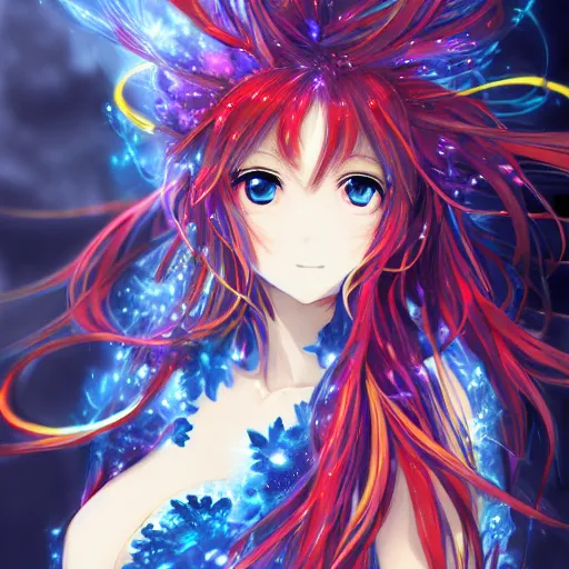 Image similar to a teenage anime girl wearing a very high intricate detailed dress made out of blue fire , full body, very long black/red hair, one yellow and one blue eye, intense stare, cinematic lighting, medium shot, MCU, trending on artstation, CSP, Photoshop, WLOP, Rossdraws, James Jean, Andrei Riabovitchev, Marc Simonetti, Anastasia Ovchinnikova, Véronique Meignaud, BEN MAIER and Sakimichan