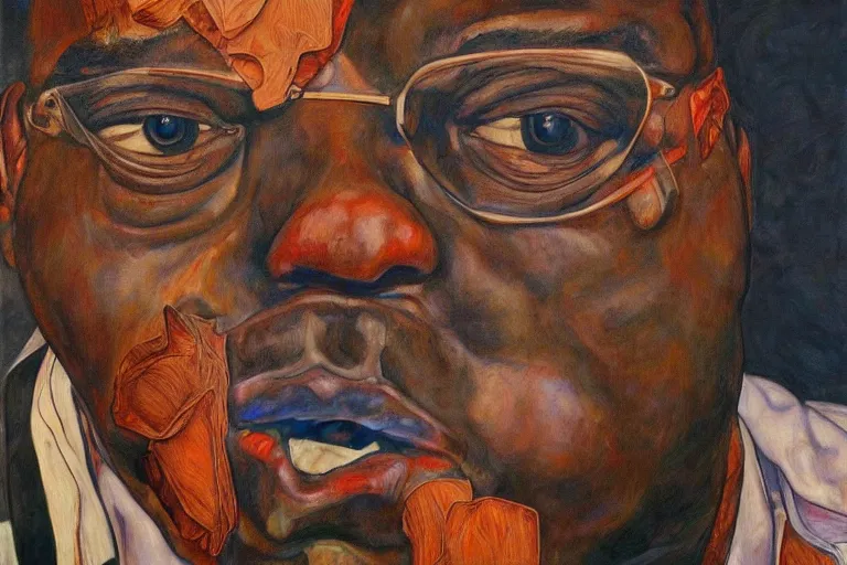 Image similar to a realistic portrait of biggie smalls in style of egon schiele, masterpiece, hyperdetailed, complex, intricate, 4 k, trending on artstation