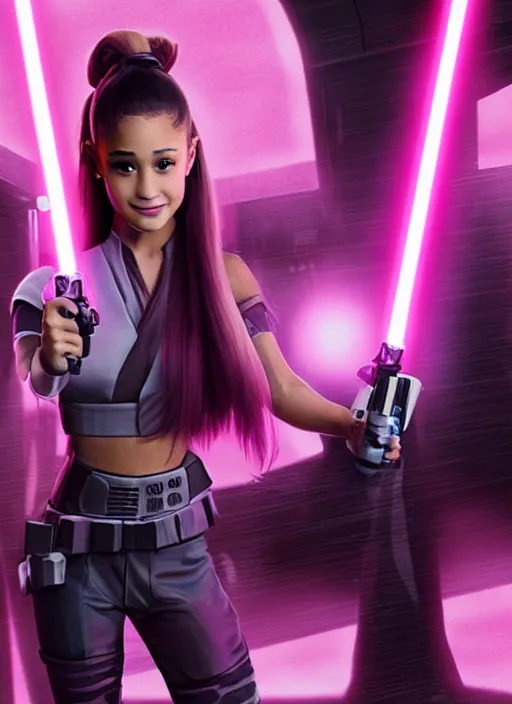 Prompt: Still action photo of Ariana Grande in the Star Wars universe holding two pink lightsabers in each hand. Maximum detail on artstation, photo realism, vivd details, vivd colour, volumetric lighting