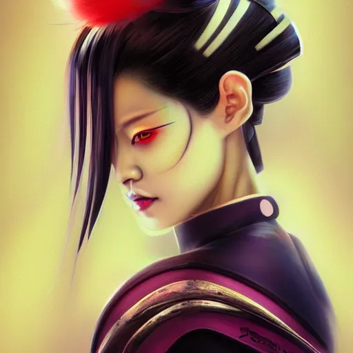 Prompt: portrait of beautiful japan cyberpunk geisha, by artgerm, nick silva, ja mong, greg rutkowsky, digital, soft painting, photorealism, skin reflections