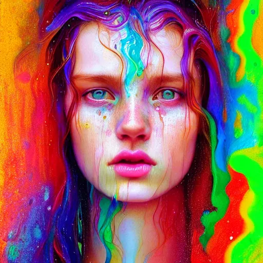 Image similar to portrait of girl in colored psychedelic rain with wet hair and face, fantasy, intricate, elegant, dramatic lighting, elated emotion, highly detailed, lifelike, photorealistic, digital painting, artstation, concept art, smooth, sharp focus, illustration, art by John Collier and Albert Aublet and Krenz Cushart and Artem Demura and Alphonse Mucha