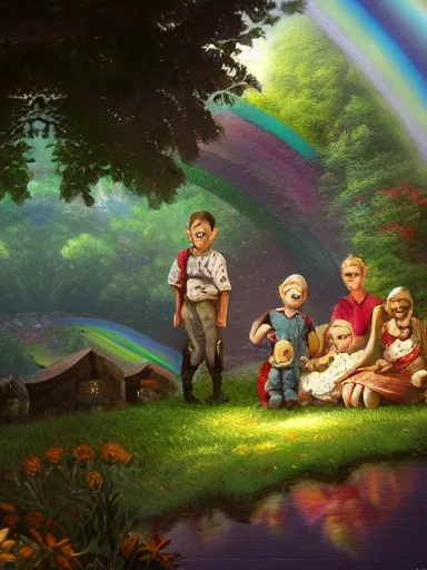 Image similar to a happy familly under the rainbow. in the green valeys near a village. intricate, elegant, highly detailed, digital painting, artstation, concept art, sharp focus, illustration, by justin gerard and artgerm, 8 k