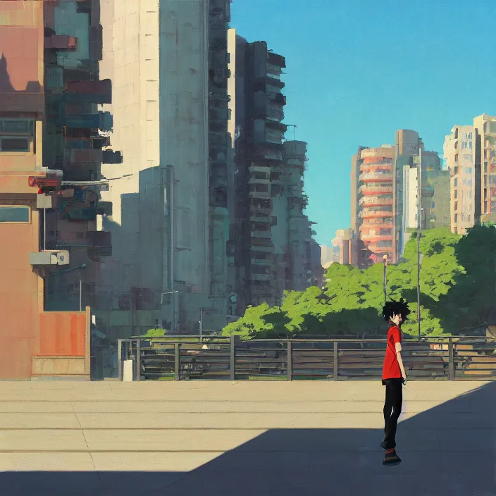 Prompt: front view painting of a stone railing urban japanese city in the background in the style of cowboy bebop, anime style, minimal details, calm, sunny day, bright, artwork by jeremy lipkin and giuseppe dangelico pino and michael garmash and rob rey and greg manchess and huang guangjian and makoto shinkai, sharp edges, simple form, 1 0 0 mm