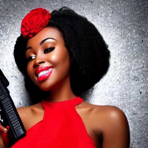 Prompt: Gorgeous black woman wearing red dress, holding an AK-47, photo realistic, detailed face