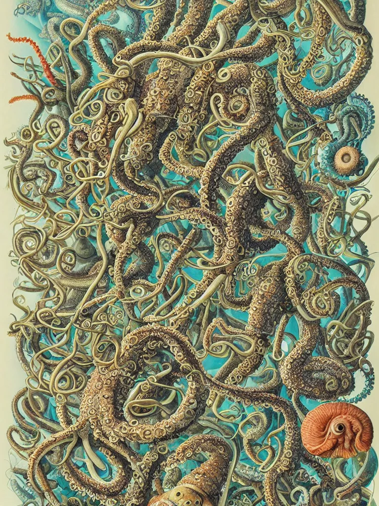 Prompt: a high detail book illustration of octopus, sea shells, jelly fish, crabs, lobster, crustaceans, tentacles, cthulu, snails, cute robot, gremlin, baby bear, sloth, kitten symmetrical characteristics, by ernst haeckel