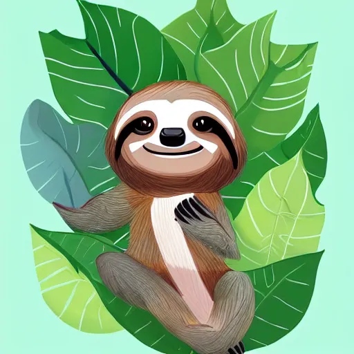 Prompt: a cute baby sloth in a happy leafy environment, incredible digital painting in an artistic style, trending on artstation