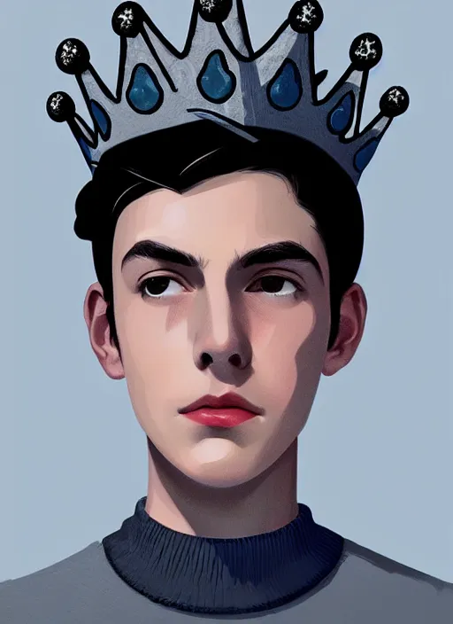 Image similar to portrait of teenage jughead jones wearing a light grey crown, crown, blue turtleneck, 1 9 5 0 s, closed eyes, photorealistic, black hair, glowing lighting, intricate, elegant, glowing lights, highly detailed, digital painting, artstation, concept art, smooth, sharp focus, illustration, art by wlop, mars ravelo and greg rutkowski