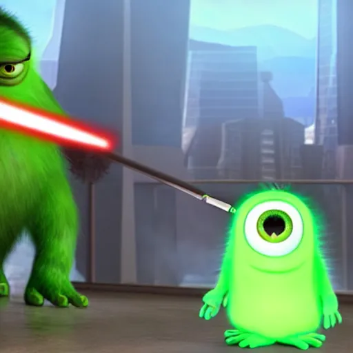 Image similar to mike wazowski as a sith with lighstaber, monster's inc