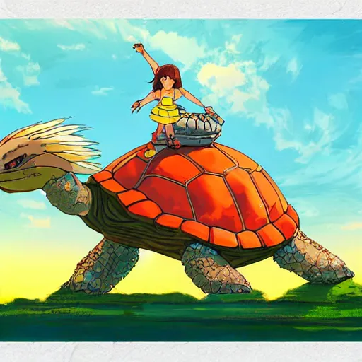 Prompt: little warrior girl character riding on top of a giant armored turtle in the desert, studio ghibli epic character, bright colors, diffuse light, dramatic landscape, fantasy illustration