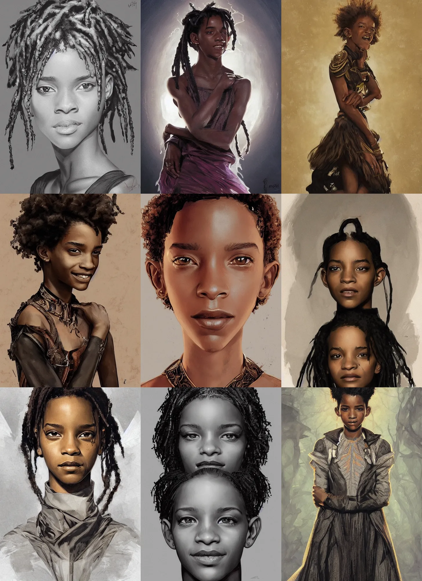 Prompt: black emma watson willow smith symmetrical portrait, smiling, afro haircut, highly detailed, digital painting, artstation, concept art, sharp focus, illustration, art by aleksi briclot, greg rutkowski and alphonse mucha