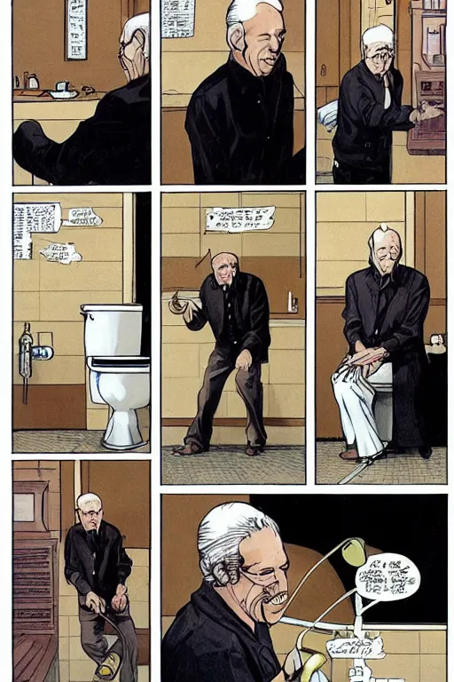 Prompt: An old man in his 80’s with a cane falls on the floor in a toilet, Diwani calligrapher using bamboo pen, cinematic lighting, rule of thirds, comic by Dave Gibbons