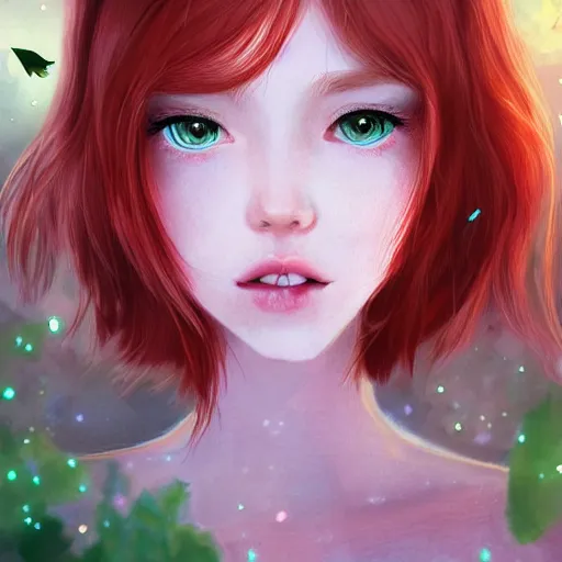 Prompt: red haired girl, among fireflies, pale gentle face, green eyes, highly detailed intricate romantic outfit, sharp, 8 k ultra realistic illustration, digital art by sakimichan, trending on artstation