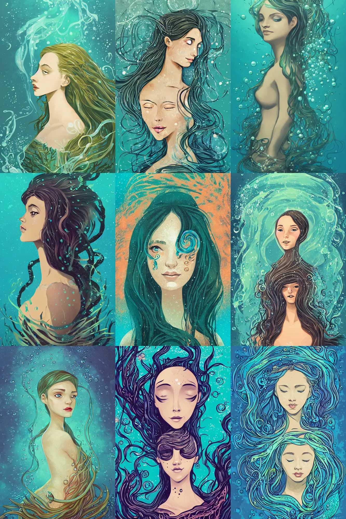 Prompt: head and shoulder portrait illustration of a mermaid under the sea, surrounded by kelp, bubbles, art by Anato Finnstark