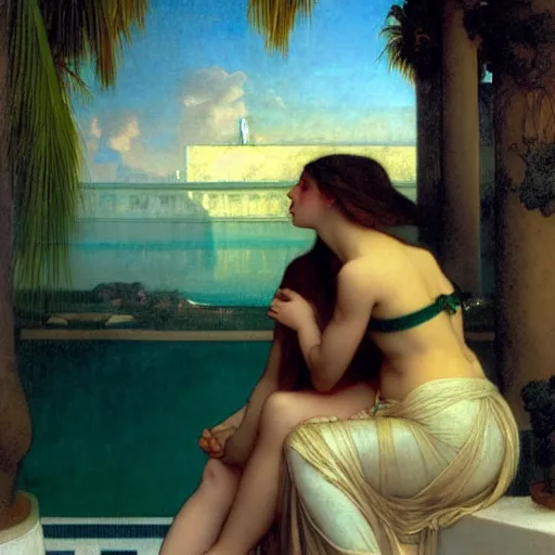 Image similar to Silhouette of two girls at the palace, thunderstorm, greek pool, beach and palm trees on the background major arcana sky, by paul delaroche, alphonse mucha and arnold böcklin arnold böcklin hyperrealistic 8k, very detailed