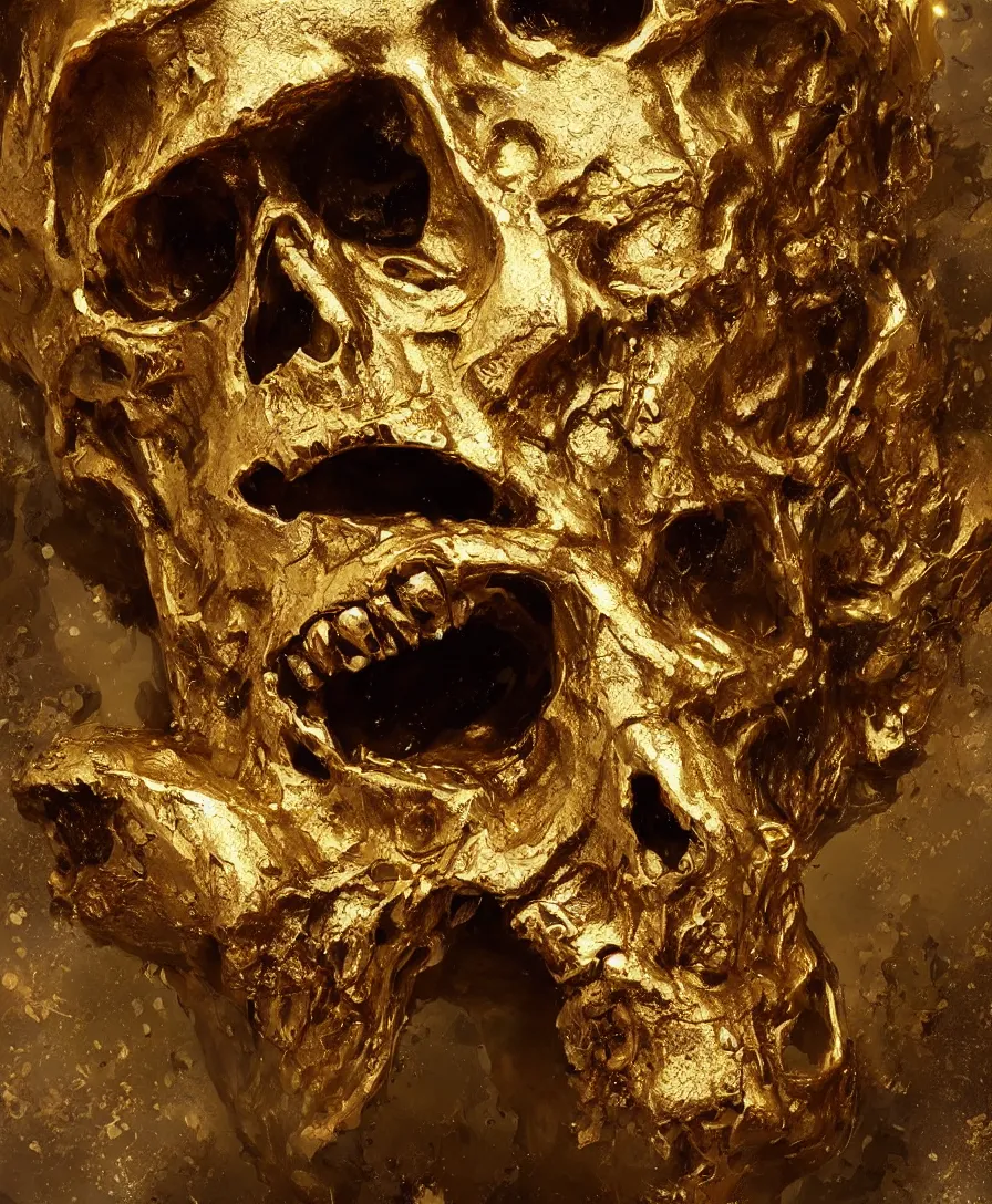 Prompt: hyper realistic gold gutter skull messy, art by greg rutkowski, intricate, ultra detailed, photorealistic, vibrante colors, trending on artstation, octane render, 4 k, 8 k