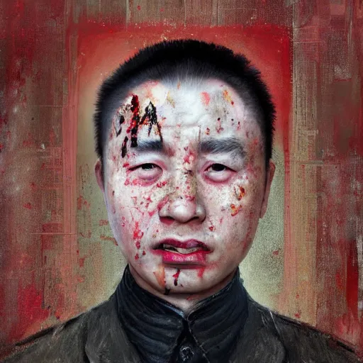 Image similar to photorealistic face portrait of chinese uyghur muslim prisoner, lots of spilled paint, wearing victorian rags, elite, disfigured, drooling, moist, unnatural movement, they are unhappy, bizzaro, baroque, renaissance, by emedios varo and anato finnstark and fenghua zhong, hyperrealism, 8 k, 3 d, masterpiece, texture