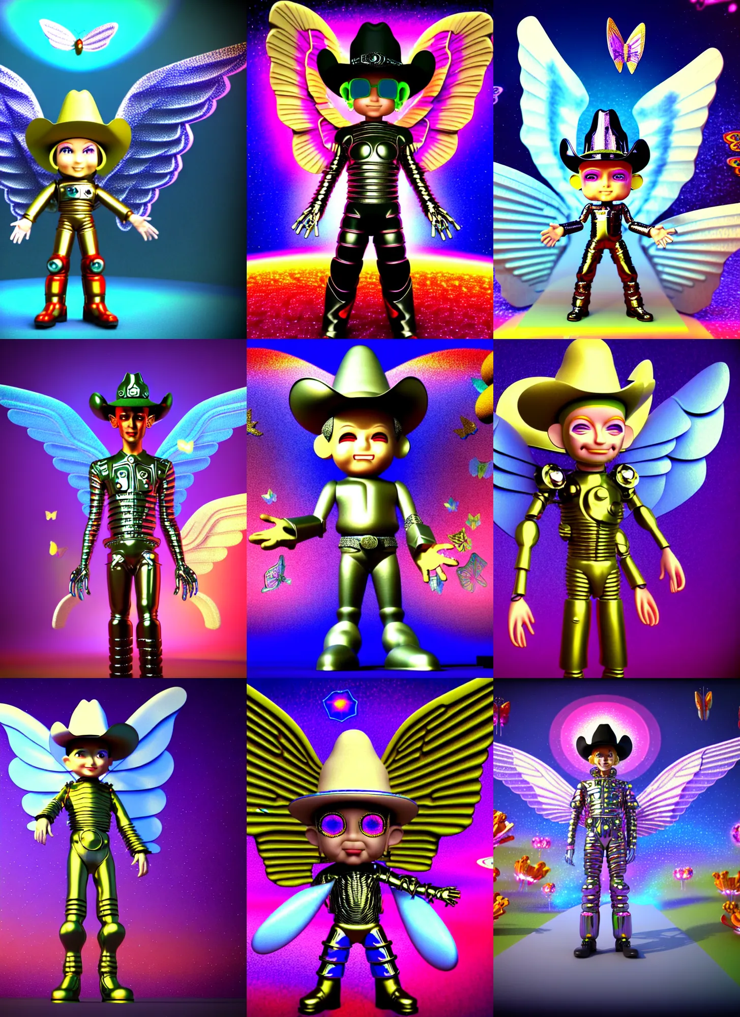 Prompt: vintage cgi 3 d render by micha klein of a chibi cyborg metallic wizard from space channel 5 by ichiro tanida wearing angel wings and a cowboy hat, standing in a big psychedelic landscape background filled with 3 d butterflies and 3 d flowers n the style of old cgi 3 d rendered bryce 3 d, wide frontal view