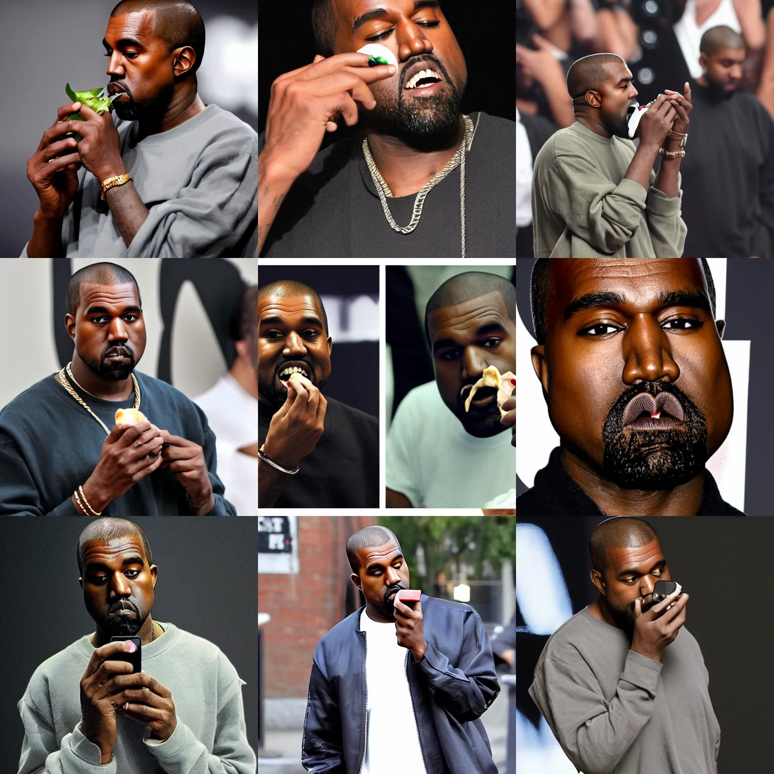 Prompt: kanye west eating an iphone, putting iphone in mouth