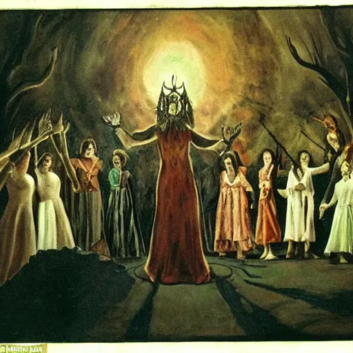 Image similar to ritual spellcasting scene from an avant-garde niche European film, people standing in a circle holding hands and chanting, sabbath of the witches, a clear reference to Goya and Remedios Varo, high-quality, twisted aesthetic