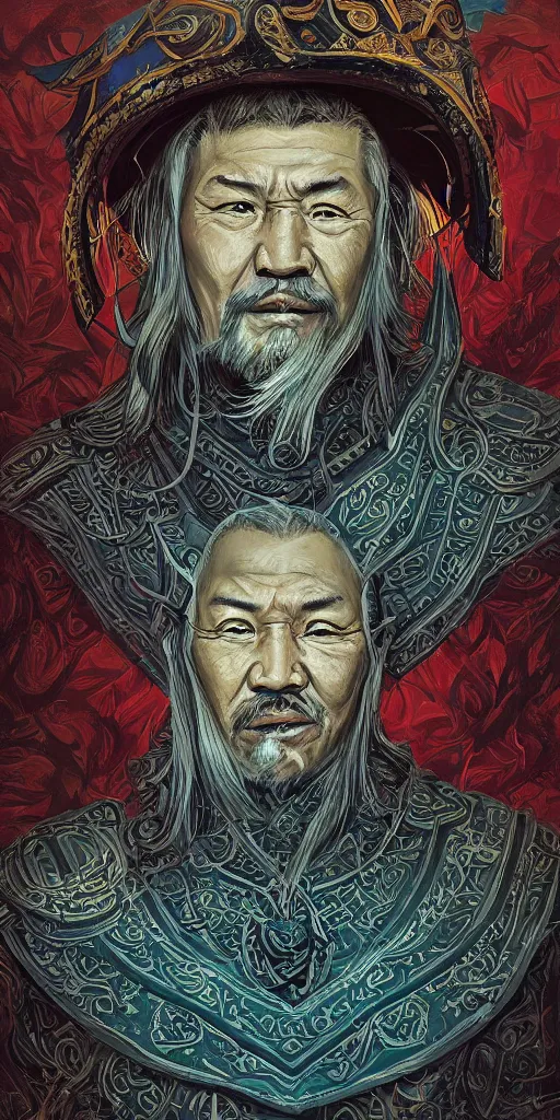 Prompt: highly detailed portrait of genghis khan by roger dean and alena aenami