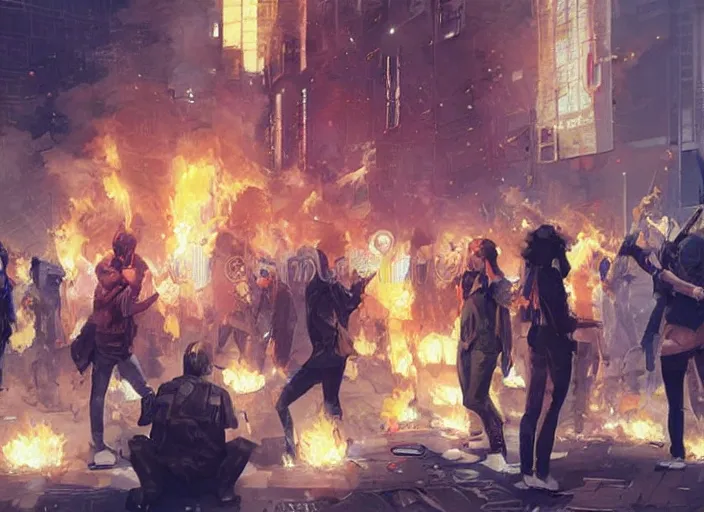 Image similar to protesters holding placards, detailed digital illustration by greg rutkowski, fire, android netrunner