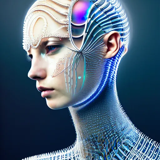 Prompt: portrait of an absurdly beautiful, graceful, sophisticated, fashionable cyberpunk mechanoid, hyperdetailed illustration by irakli nadar, matt wisniewski style, intricate linework, white porcelain skin, iridescent fractal headdress, day - glow facepaint, jellyfish ruff neckware, unreal engine 5 highly rendered, global illumination, radiant light, detailed and intricate environment
