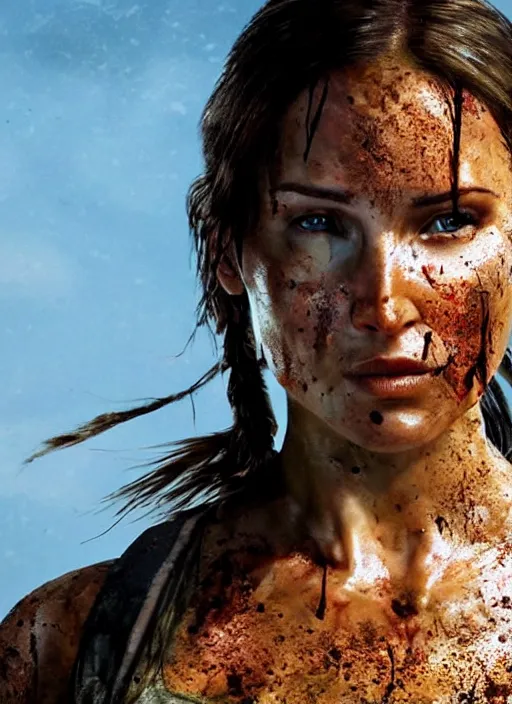 Image similar to a film still of lara croft as russian evading explosions, her face muddy and sweat, direct sun light, close up potrait, cinematic,