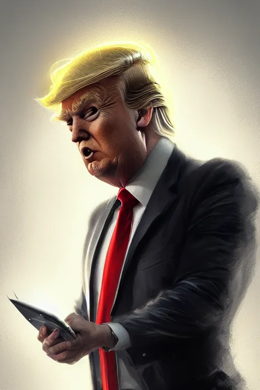 Image similar to Trump with light beard, curly hair, modern, hero, wearing a suit, highly detailed, digital painting, artstation, concept art, sharp focus, illustration, by greg rutkowski