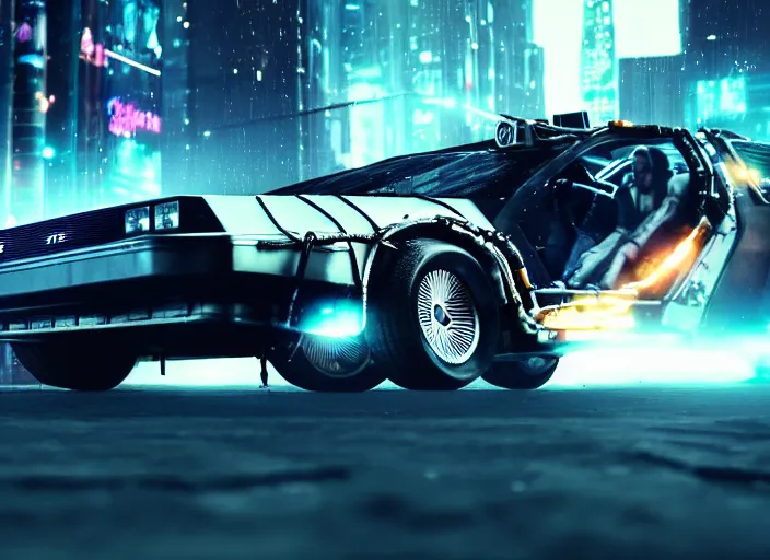 Image similar to a cyberpunk delorean breaking the space - time continuum, energy and time particles, dramatic framing, movie footage, 8 k