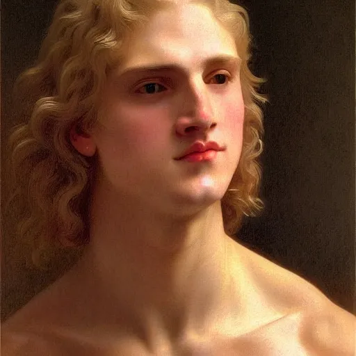 Image similar to PORTRAIT Painting of a blond male Venus Apollo. LONG CURLY blond hair. Sharp angular face high cheekbones hooked nose. Art by william adolphe bouguereau. During golden hour. Extremely detailed. Beautiful. 4K. Award winning.