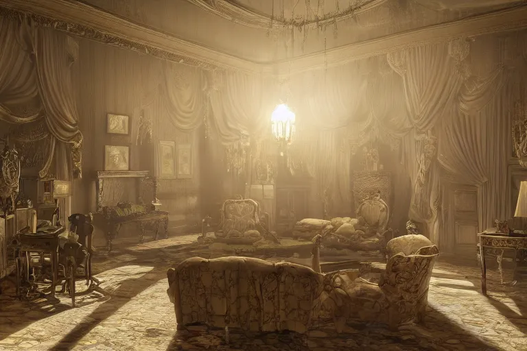 Prompt: a storybook illustration of inside a mansion rooms, hyper realistic, ambient lighting, concept art, intricate, hyper detailed, smooth, dynamic volumetric lighting, octane, raytrace, cinematic, high quality, high resolution, 4 k