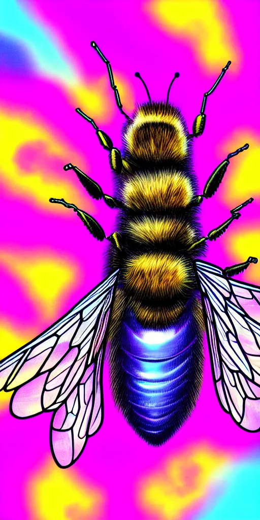 Image similar to hyper detailed ultra sharp of a beautiful bee. trending on artstation, vaporwave aesthetic, synthwave, colorful, psychedelic, digital painting, concept art, smooth, sharp focus, illustration, 8 k