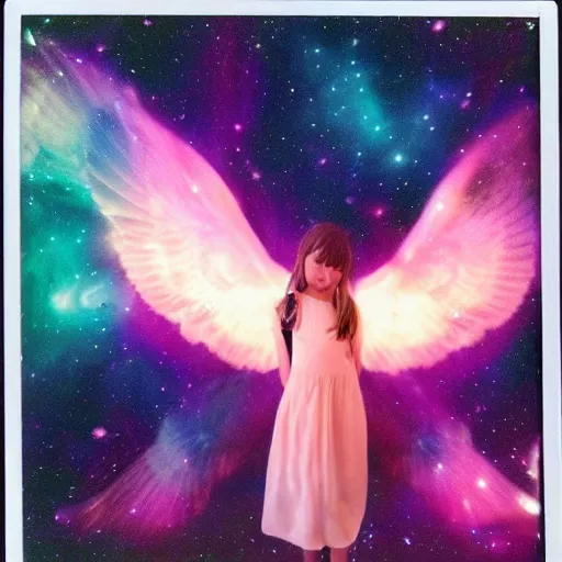 Image similar to girl cover in cosmic shadows with giant wings of glowing nebulas, realistic photograph, polaroid pic by horror