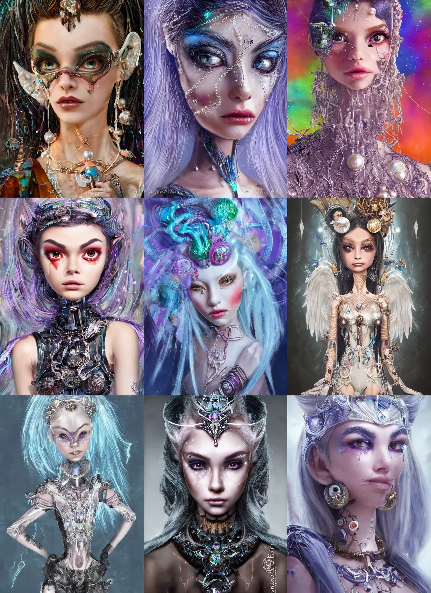 Prompt: pixar weta portrait, beautiful porcelain white honey crystal raver clowncore pearl devil angel madison beer cyborg woman, ice jewelry, sci - fi, fantasy, cyberpunk, intricate, elegant, highly detailed, digital painting, ever after high, octane render, artstation, concept art, smooth, sharp focus, illustration, art by artgerm, loish, wlop