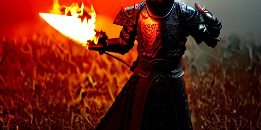 Image similar to The dark paladin with a heated sword in his hand and a burning flame with a sword in the rain. cinematic shot from back, realistic, 4K,